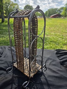 Woven Rattan & Metal Wine Bottle Rack in Brown and Distressed Black